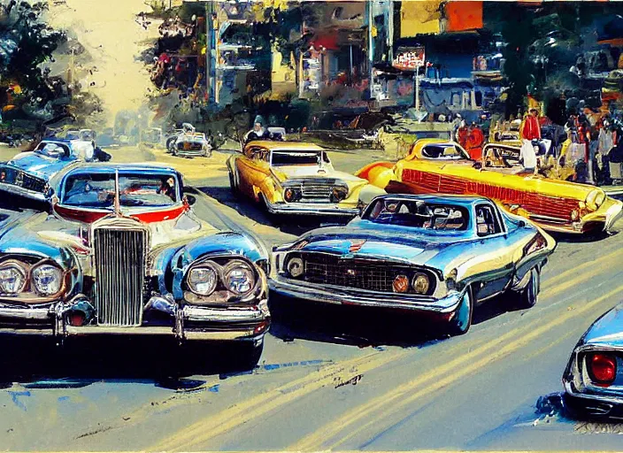Prompt: 5 hotrods driving down a street , vintage, highly detailed, by John Berkey