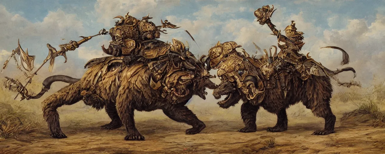 Image similar to painting of an armored Bear mounted on a sabre-tooth tiger.