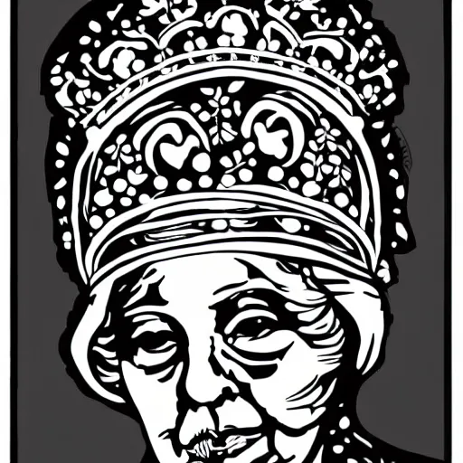 Image similar to queen victoria with a detailed line work skull over her face in screen print graphic style