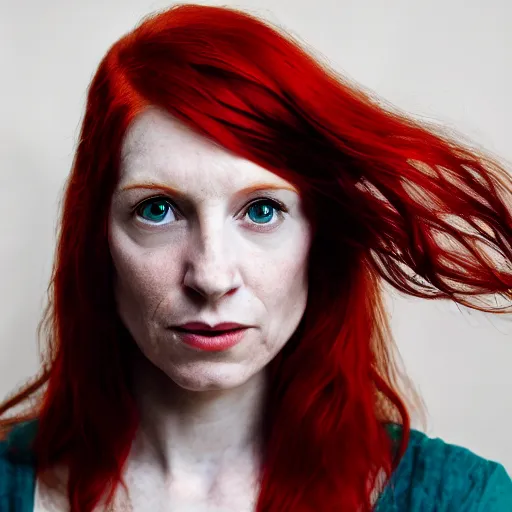 Image similar to A red haired woman intensely staring at the camera in the style of Annie Leibovitz