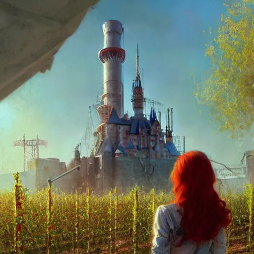 Image similar to red hair girl, chernobyl powerplant, disneyland castle, rubble, flowers, vines, hyperrealistic, highly detailed, cinematic, single ray of golden sunlight, beautiful, cgssociety, artstation, 8 k, oil painting by greg rutkowski, by artgerm, by wlop