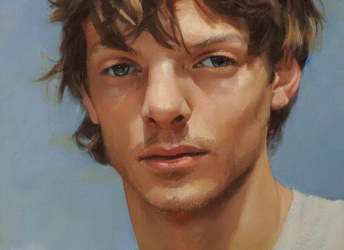 Prompt: a highly detailed beautiful portrait of louis tomlinson, by gregory manchess, james gurney, james jean