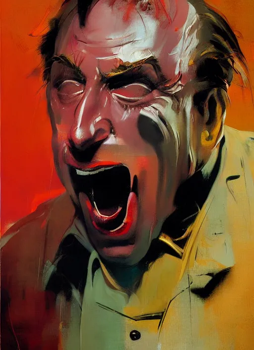 Prompt: saul goodman, screaming, painting by phil hale, sir francis bacon,'action lines '!!!, graphic style, visible brushstrokes, motion blur, blurry