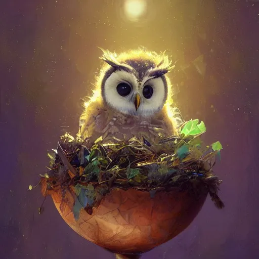 Image similar to long shot of a very cute owl chick nesting in a very futuristic cup, esao andrews, m. w. kaluta, john berkey, humorous illustration, hyperrealistic, big depth of field, warm colors, night scenery, low light, 3 d octane render, 4 k, conceptart, hyperdetailed, hyperrealistic, trending on artstation