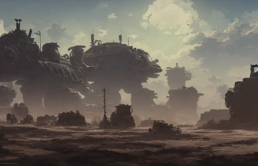 Image similar to concept art of a dusty field with ruined dieselpunk orcish tanks and smoking craters in the background, key visual, ambient lighting, highly detailed, digital painting, artstation, concept art, sharp focus, by makoto shinkai and akihiko yoshida and hidari and wlop