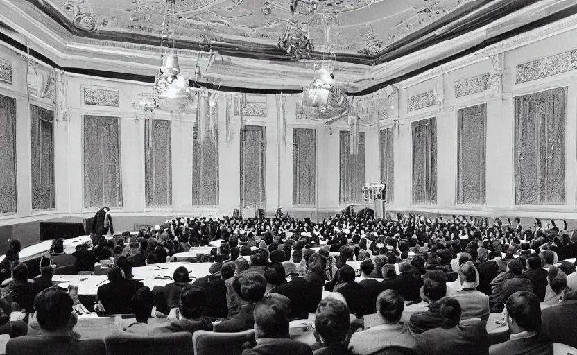 Prompt: 60s movie still of a CCCP congress with soviet flags and many soviet general stanilist style palace interior, by Irving Penn , cinestill 800t 35mm black and white, heavy grainy picture, very detailed, high quality, 4k, HD criterion, precise texture