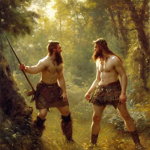 Image similar to 2 attractive male vikings frolicking in the forest. highly detailed painting by gaston bussiere, craig mullins, j. c. leyendecker, 8 k