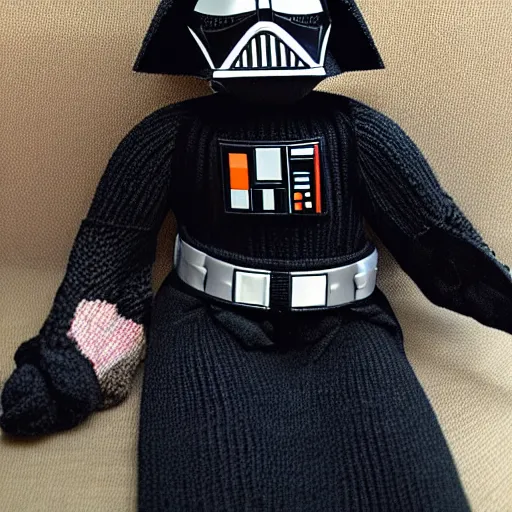 Image similar to knitted doll dart vader sitting on a chair, lethal preservation, proportions, high quality, realism, foreground focus,