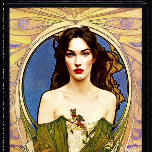 Image similar to a closeup portrait of a young megan fox, art nouveau, jugendstil, decorative background, spirals, painted by alphonse mucha