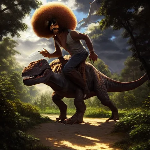 Prompt: bob ross!!! riding!!! a dinosaur!!, giant afro!, model pose, ultra realistic, concept art, intricate details, highly detailed, photorealistic, octane render, 8 k, unreal engine octane render art by artgerm and greg rutkowski and alphonse mucha