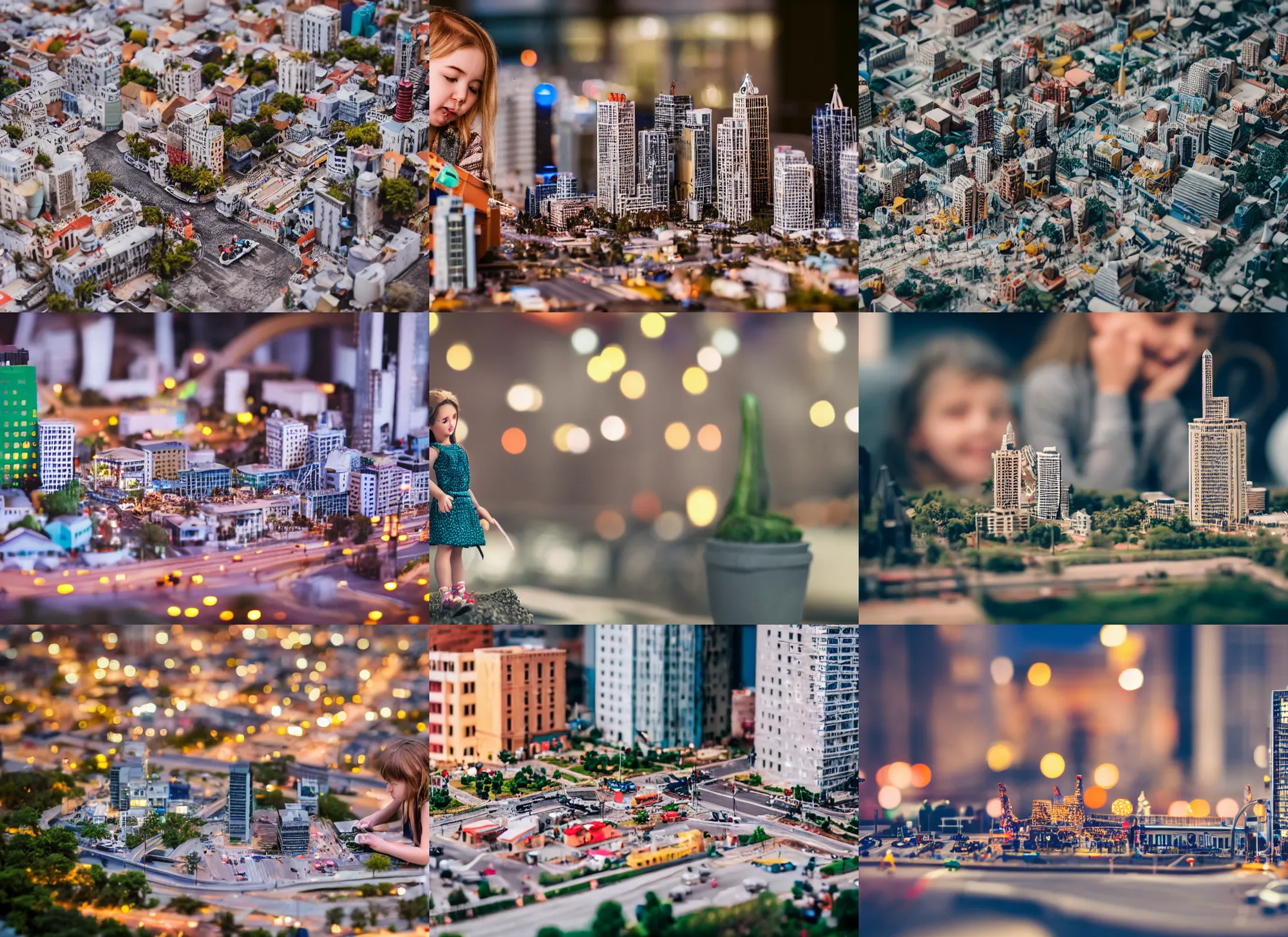 Prompt: Bored girl destroying a detailed miniature diorama of a city, photography 4k, f1.8 anamorphic, bokeh, 4k, Canon, Nikon