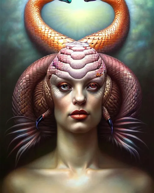 Image similar to a detailed portrait of dreampunk flamingo python hybrid mix beautiful! goddess by tomasz alen kopera and peter mohrbacher