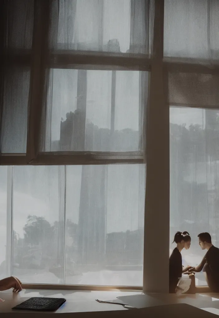 Image similar to sad couple alone looking to the window in a futuristic home office, highly detailed, photo realistic