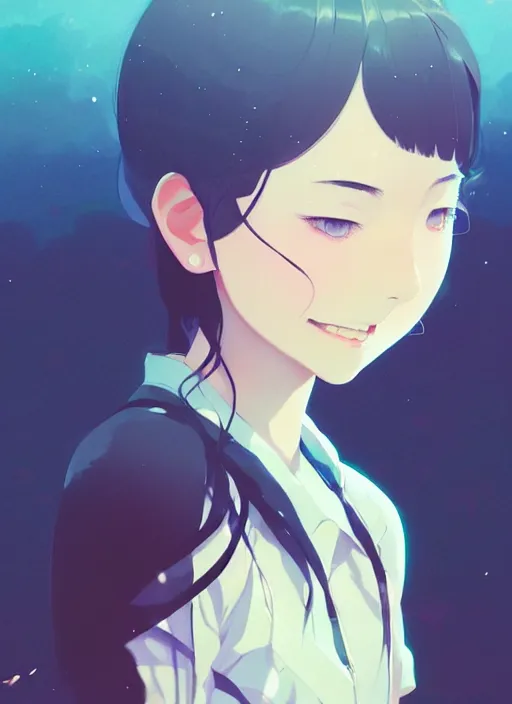 Image similar to portrait of a smiling girl by ilya kuvshinov, cloudy sky background lush landscape ln illustration concept art anime key visual trending pixiv by victo ngai fanbox by greg rutkowski makoto shinkai takashi takeuchi studio ghibli