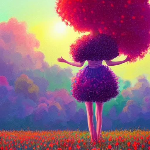 Image similar to girl with flower afro, standing in a field with flowers, hills, big trees, sunrise dramatic light, impressionist painting, colorful clouds, digital painting, pointillism, artstation, simon stalenhag