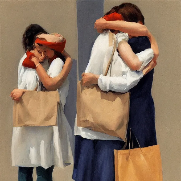 Image similar to two women hugging with a paper bag over the head dressed in plastic bags, highly detailed, artstation, art by, , edward hopper, zdislav beks