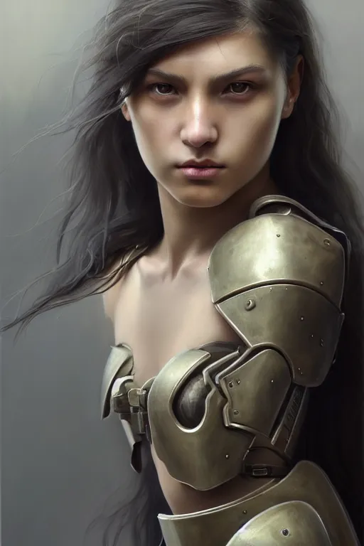 Image similar to a photorealistic painting of an attractive young girl, partially clothed in stealth-like battle armor, olive skin, long dark hair, beautiful bone structure, symmetrical face, perfect eyes, intricate, elegant, digital painting, concept art, illustration, sharp focus, minimal artifacts, from Metal Gear, in the style of Ruan Jia and Mandy Jurgens and Greg Rutkowski, trending on Artstation, award winning