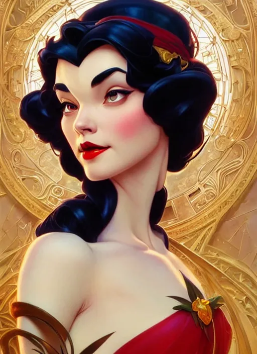 Image similar to disney snow white as a villain, intricate, elegant, highly detailed, my rendition, digital painting, artstation, concept art, smooth, sharp focus, illustration, art by artgerm and greg rutkowski and alphonse mucha and uang guangjian and gil elvgren and sachin teng, symmetry!!