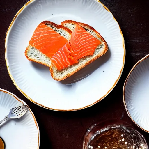 Prompt: sourdough toast with butter and salmon roe on a beautiful porcelain plate with cup of tea