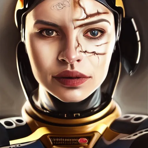 Image similar to portrait of woman with a large dueling scar from a knife across her cheek and lips wearing futurist spacesuit, Alexandria's genesis, chin-length hair, bored, illustration, soft lighting, soft details, hyper realism, high detailed, painting oil on canvas by mark arian by artgerm, trending on artstation, 4k, 8k, HD