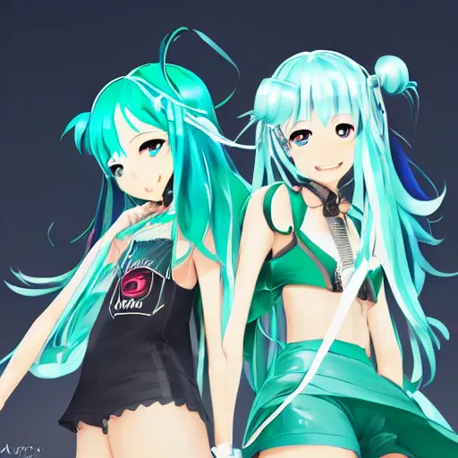 Image similar to hatsune miku and gumi hanging out, best friends, made by stanley artgerm lau, wlop, rossdraws, artstation, cgsociety, concept art, cgsociety, octane render, trending on artstation, artstationhd, artstationhq, unreal engine, 4 k, 8 k,