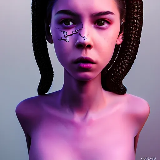 Image similar to artstation young teen with purple eyes and tentacles on her head, furious, very detailed, portrait, high contrast, unreal engine 5