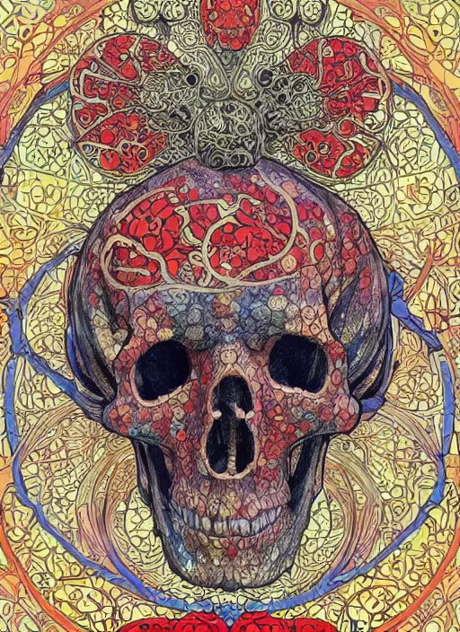 Image similar to intricate mickey mouse skull carving art, background are varities of superhot chili peppers, bhut jolokia, carolina reaper, voronoi, fibonacci sequence, by Moebius, Alphonse Mucha, hiroshi yoshida, Art Nouveau, cgsociety, complementary colour scheme, ultradetailed, vivid colour, 3d