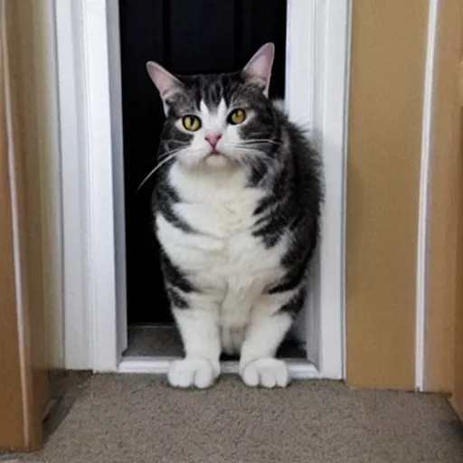 Image similar to gigantic fat cat blocking the doorway, annoyed human staring at the giant cat blocking the door