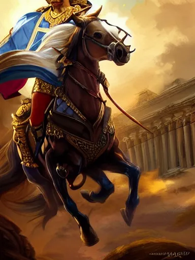 Prompt: a olimpic greek hero, laurels of glory in his head, entering triunphantly a city mounted in a horse. full of pride. victorirous. prideful.. intricate, elegant, highly detailed, digital painting, artstation, concept art, sharp focus, illustration, by justin gerard and artgerm, 8 k