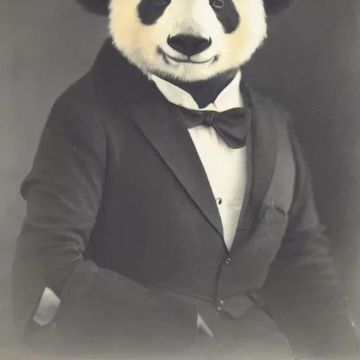 Prompt: a portrait of a humanoid panda wearing a tuxedo and a hat, 1 9 0 0, old, vintage, photography, grainy, award - winning