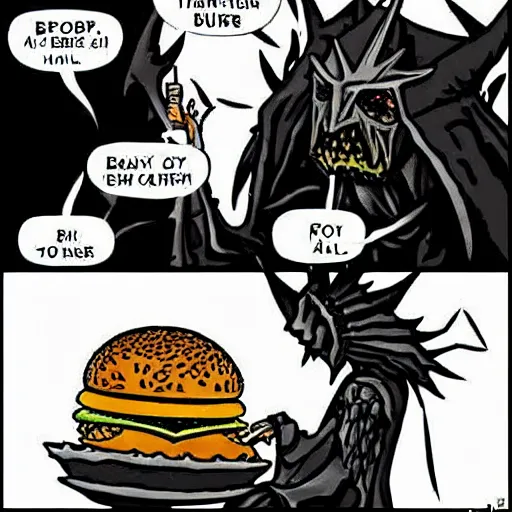 Image similar to the witch king of angmar eats a macdonalds burger