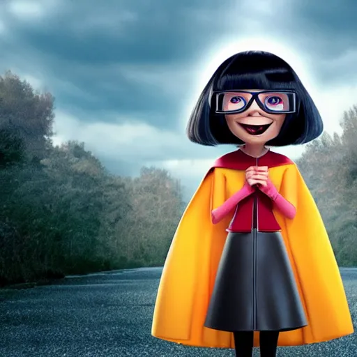 Prompt: an edgy Edna Mode wearing a cape, Pixar (2018)