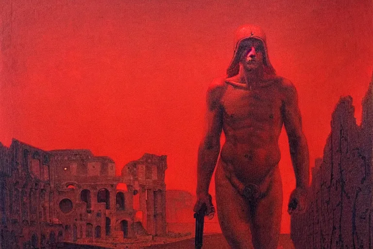 Image similar to only with red, caesar after war, a red tiger, in hoc signo vinces, rome in background, an ancient path, in the style of beksinski, part by hopper, part by rodcenko, part by hofbauer, intricate composition, red by caravaggio, insanely quality, highly detailed, masterpiece, red light, artstation