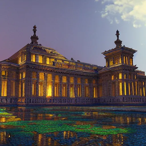 Image similar to photorealistic palace made of honeycomb. hyperdetailed photorealism, 1 0 8 megapixels, amazing depth, high resolution, 3 d shading, 3 d finalrender, 3 d cinematic lighting, glowing rich color, artstation concept art.