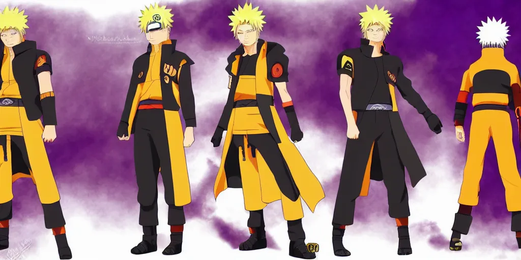 Image similar to Fusion of Naruto Uzumaki from the anime Naruto and Dante from the game Devil May Cry, character design sheet