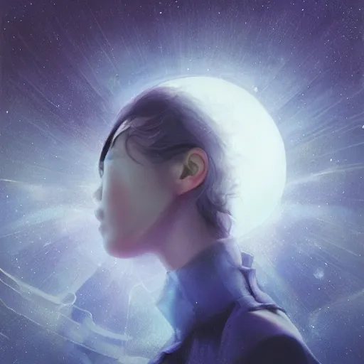 Image similar to 3 d, sci - fi, night, moon, smiling fashion model face, moon rays, cinematic, clouds, vogue cover style, blue mood, realistic painting, intricate oil painting, high detail illustration, figurative art, multiple exposure, poster art, 3 d, by tooth wu and wlop and beeple and greg rutkowski