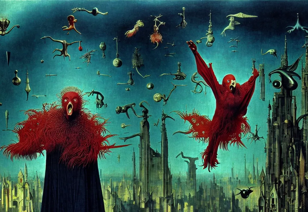 Prompt: realistic detailed portrait movie shot of a screaming birdman wearing black robes, sci fi city landscape background by denis villeneuve, amano, yves tanguy, alphonse mucha, ernst haeckel, max ernst, roger dean, hieronymus bosch, masterpiece, rich moody colours, dog teeth, blue eyes