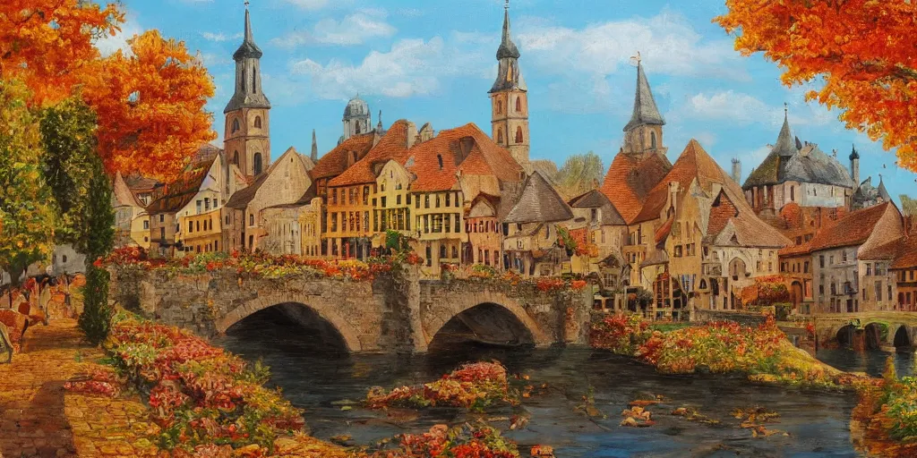 Image similar to a middle european medieval town during autumn, painting, beautiful, award winning masterpiece