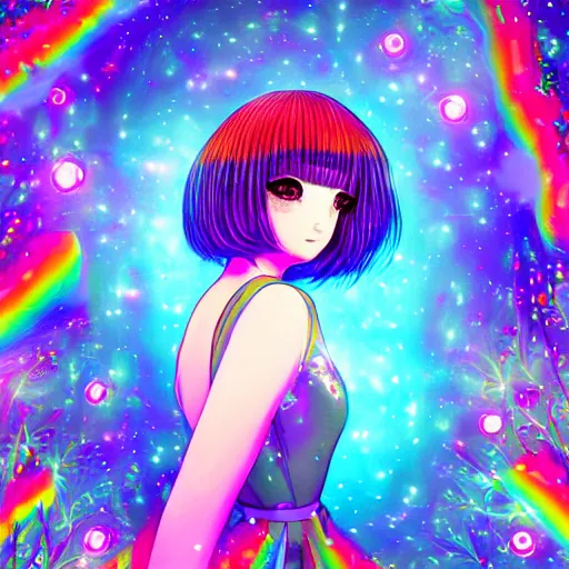 Image similar to psychedelic, whimsical, anime, 4k, beautiful intimate woman with professional makeup, long trippy hair, a crystal and flower dress, bathing in a reflective pond, underneath the stars, rainbow fireflies, trending on patreon, deviantart, twitter, artstation, volumetric lighting, heavy contrast, art style of Ross Tran and Ilya Kuvshinov