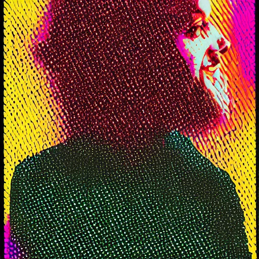 Image similar to magazine photo of a psychedelic portrait, halftone texture