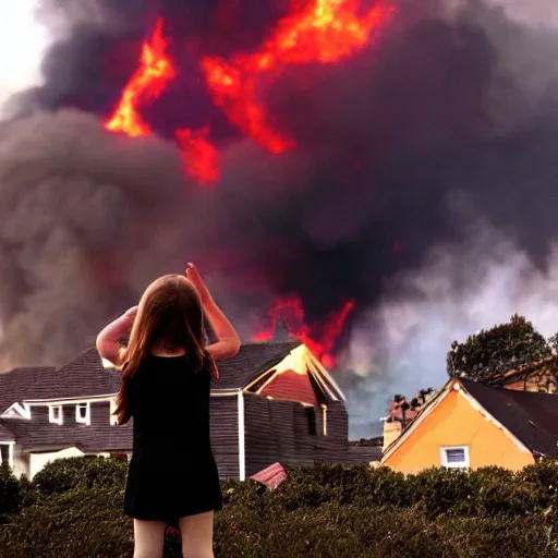 Image similar to young girl watching an old victorian house burning, the background burning houses, destroyed churches, and red ribbons fly into the black sky