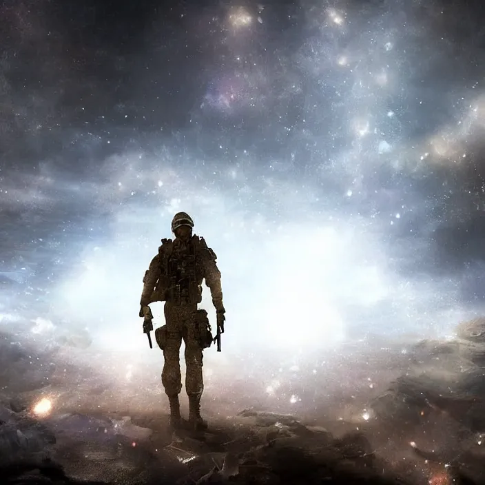 Prompt: cinematic background blur bokeh, beautiful lighting, call of duty ghost soldier looking out into the vastness of space, digital art