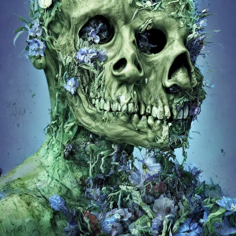 Image similar to A beautiful oil painting hyperrealism of a decayed zombie head, green bulging eyes, rotten green skin, grey beard, blue veins, skull bones flowers, 8k resolution, octane render, Trending on artstation, by Gediminas Pranckevicius, volumetric light 2blue fractal Thunder glow by dan mumford, anaglyph effect, Laurie Lipton