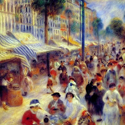 Image similar to Painting of a street market, portugal, by Renoir, Jean Béraud, busy, movement, impressionist, early morning, somber colours