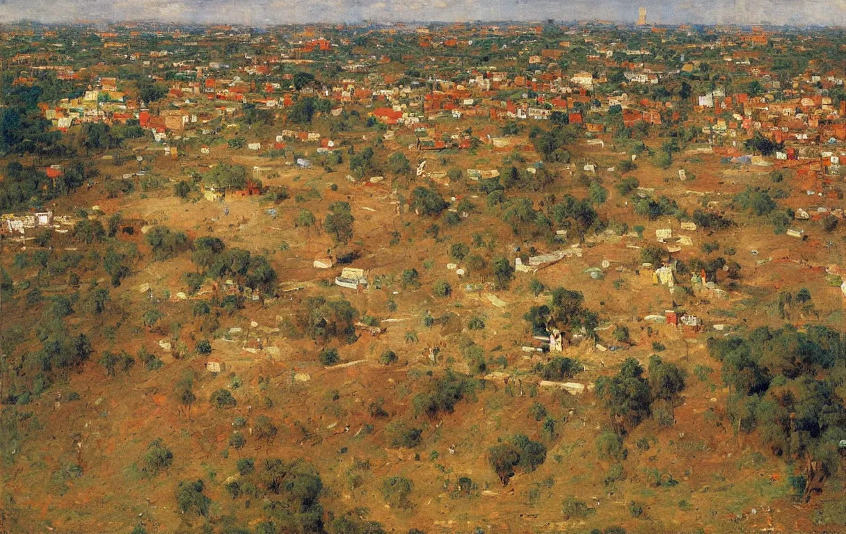 Image similar to tall wall surrounding small town of abeokuta in nigeria from above, 1885, bright colors oil on canvas, by Ilya Repin