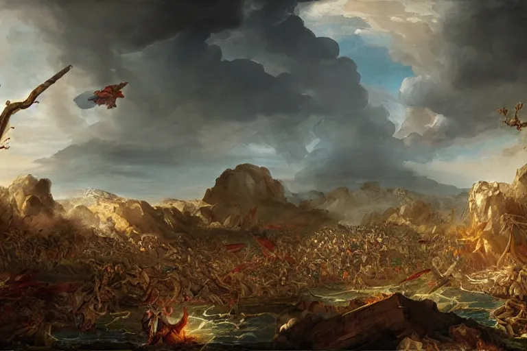 Image similar to landscape of the aftermath of an ancient battle, the art of god of war, digital art by giovanni paolo pannini