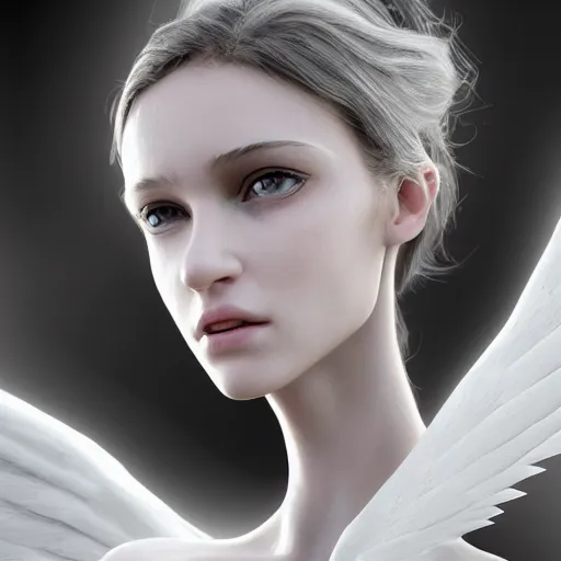 Image similar to A young beautiful female angelic-extraterrestrial-cyborg face with a very long neck, big clear eyes, thin nose, big lips, hair floating in the wind, Realistic, Refined, Digital Art, Pre-Raphaelite, Highly Detailed, Cinematic Lighting, rim light, black and white, high contrast, hyper real, photo-realistic Unreal Engine, 8K