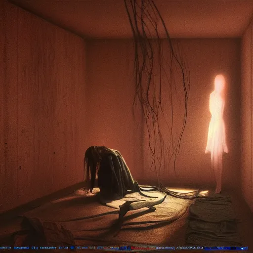 Image similar to rgb, woman, bedroom, cinematic, movie scene, inspired by zdzislaw beksinski, clothes made out of veins, cables everywhere, bedroom, ultra realistic, concept art, intricate details, highly detailed, photorealistic, octane render, 8 k