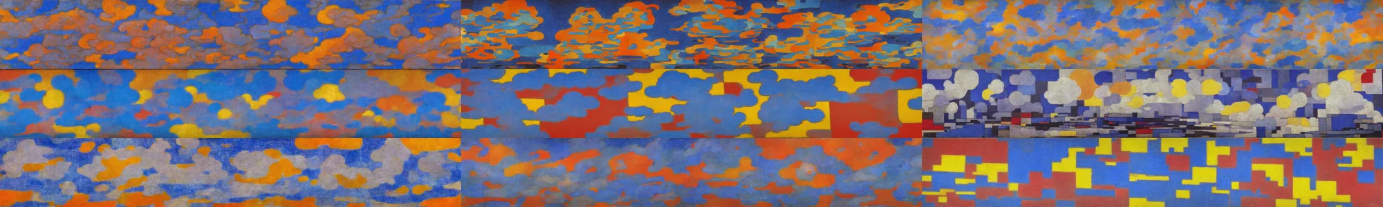 Prompt: Piet Mondrian took LSD and made these clouds