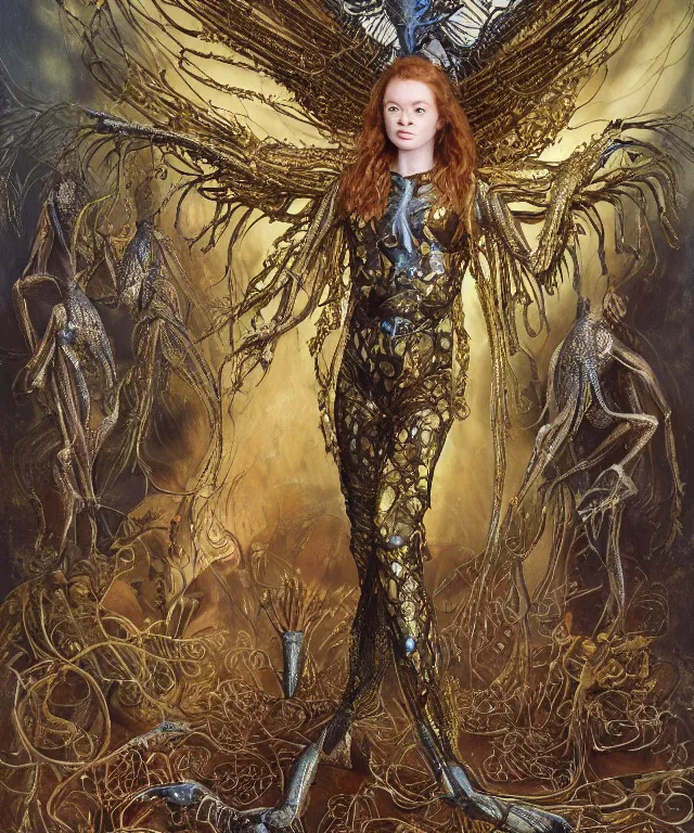 Prompt: a portrait photograph of a fierce sadie sink as a strong alien harpy queen with amphibian skin. she is dressed in a golden lace shiny metal slimy organic membrane plugsuit and transforming into an evil insectoid snake bird. by donato giancola, walton ford, ernst haeckel, peter mohrbacher, hr giger. 8 k, cgsociety